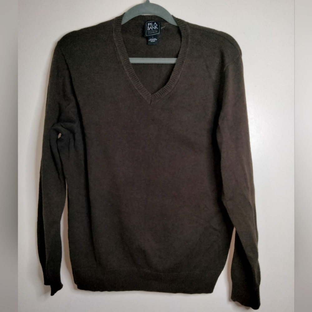Jos.A. Bank Traveler (Sz L) Men's Dark Brown 100% Pima Cotton V-Neck LS Sweater